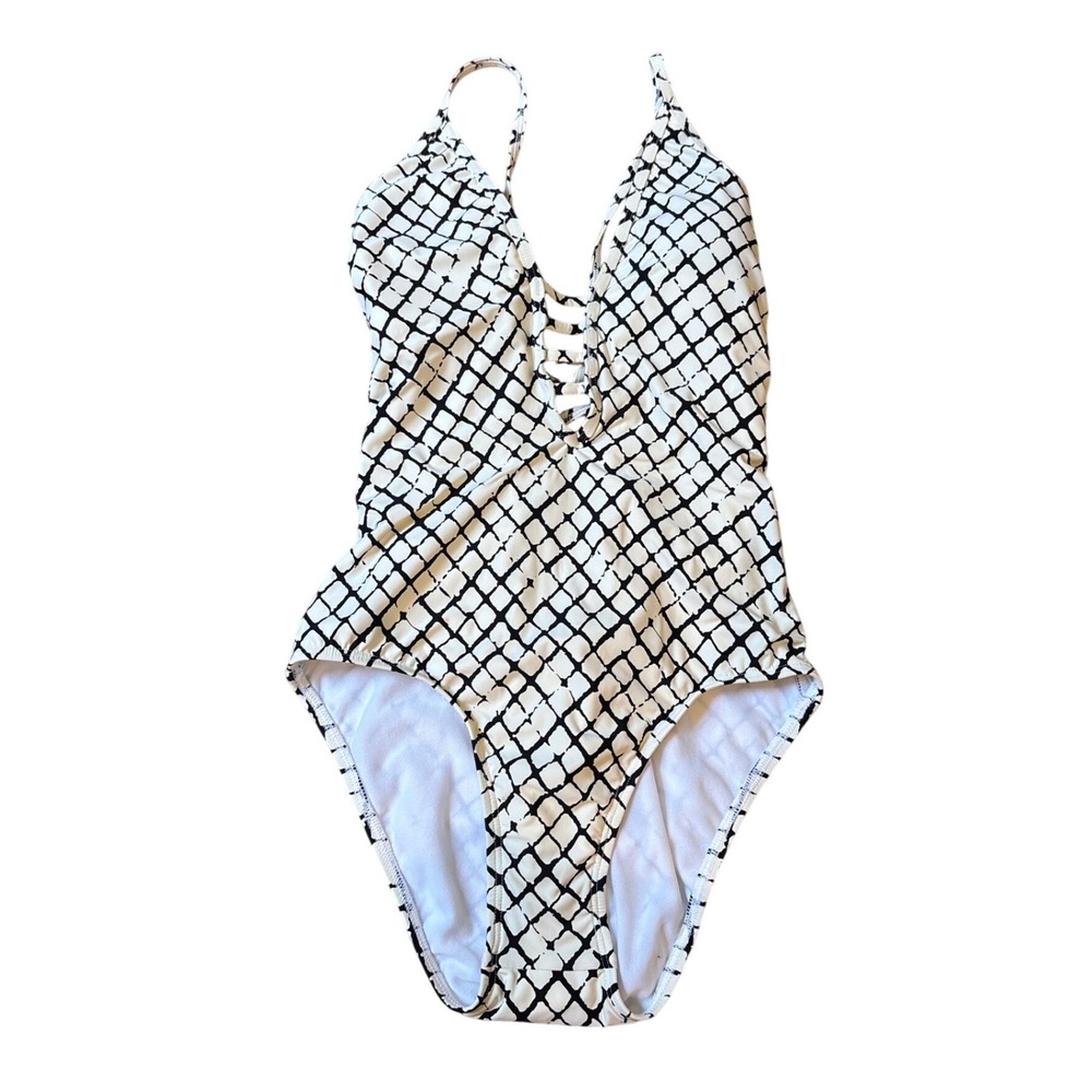 Ella Moss One Piece Swimsuit Women White Black Geometric Lace Up Back SIZE‎ M